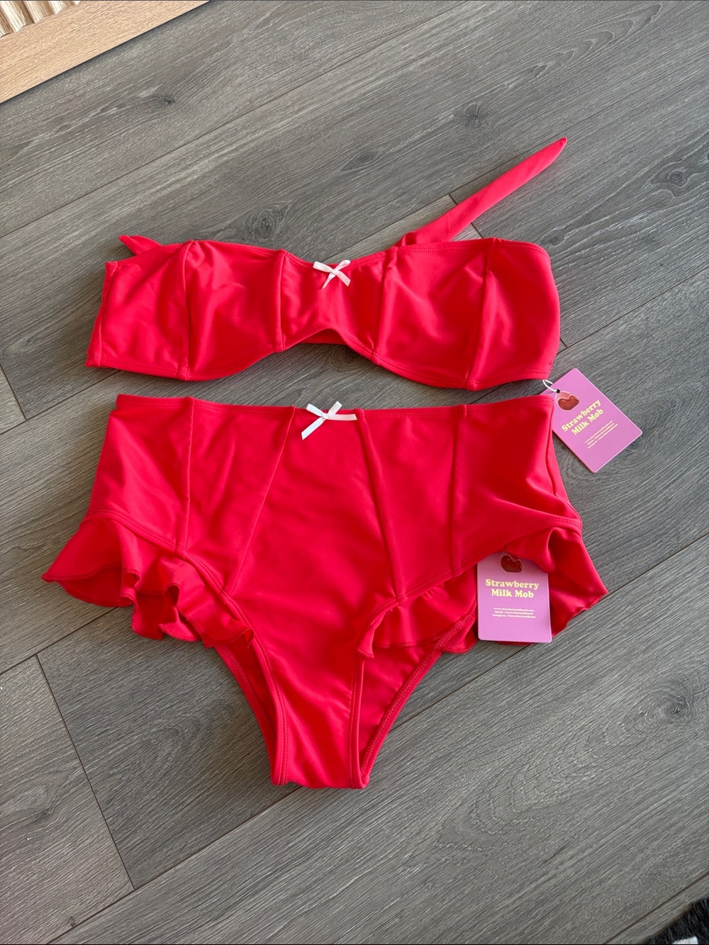 NWT Strawberry Milk Mob Bikini Set Red Ruffle Bow Size XXL